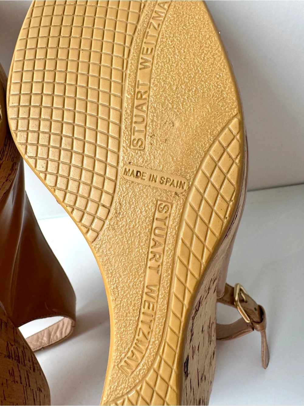 Stuart Weitzman Riviera Nude Patent Slingback Cork Platform Wedge Sandals Size 9